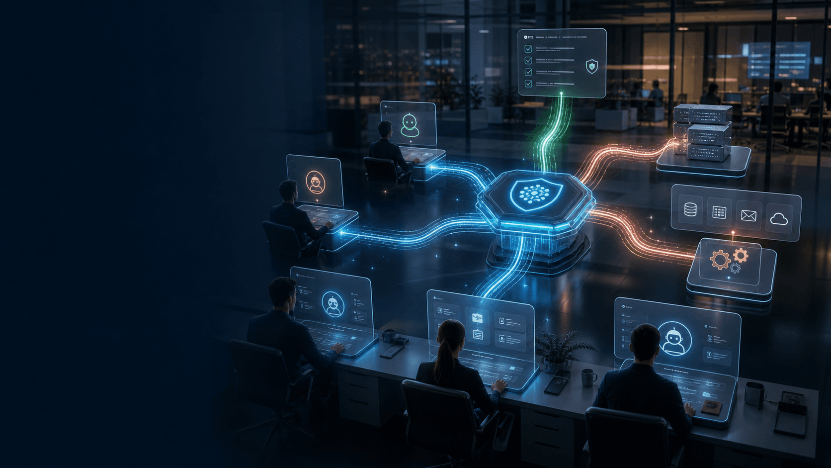 Secure AI environment with multiple agents routed through a central governed gateway.