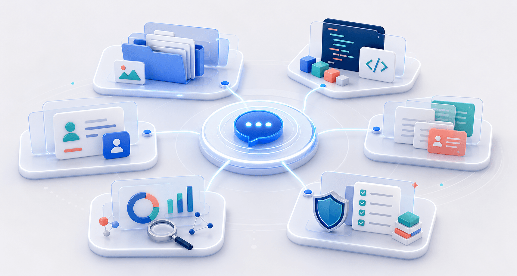 Abstract visual mosaic of portfolio, coding, customer, research, operations, and approval work connected to a shared AI hub.