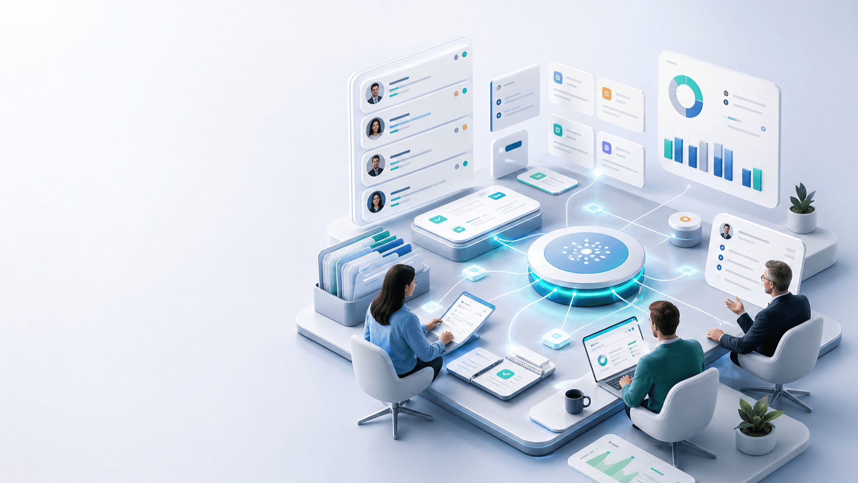 Polished account workspace with customer timeline cards, support tickets, contract folders, usage charts, and a central AI hub.