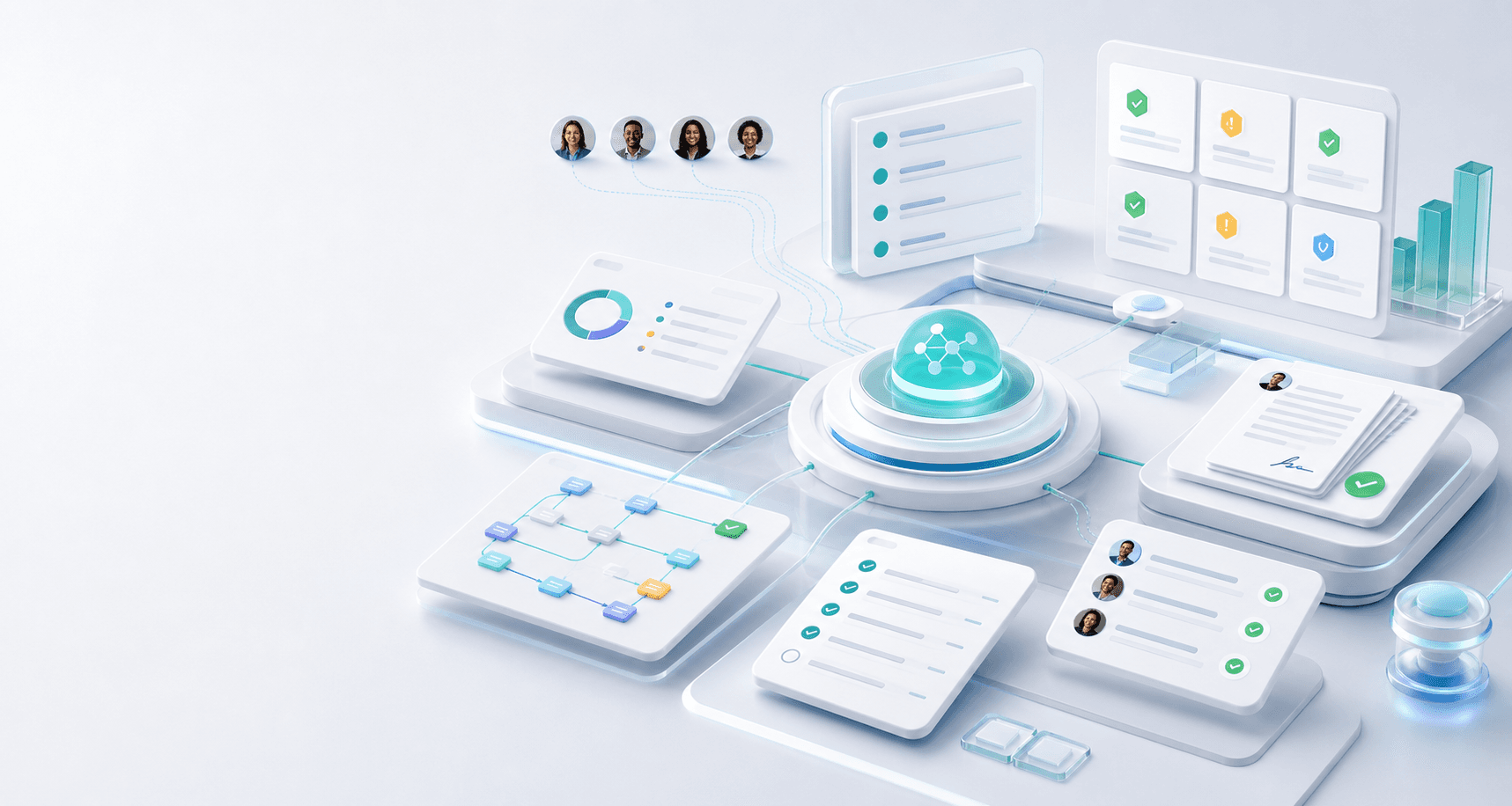 Polished review workspace with launch readiness cards, diligence checklists, risk tiles, dependency maps, and a central AI hub.