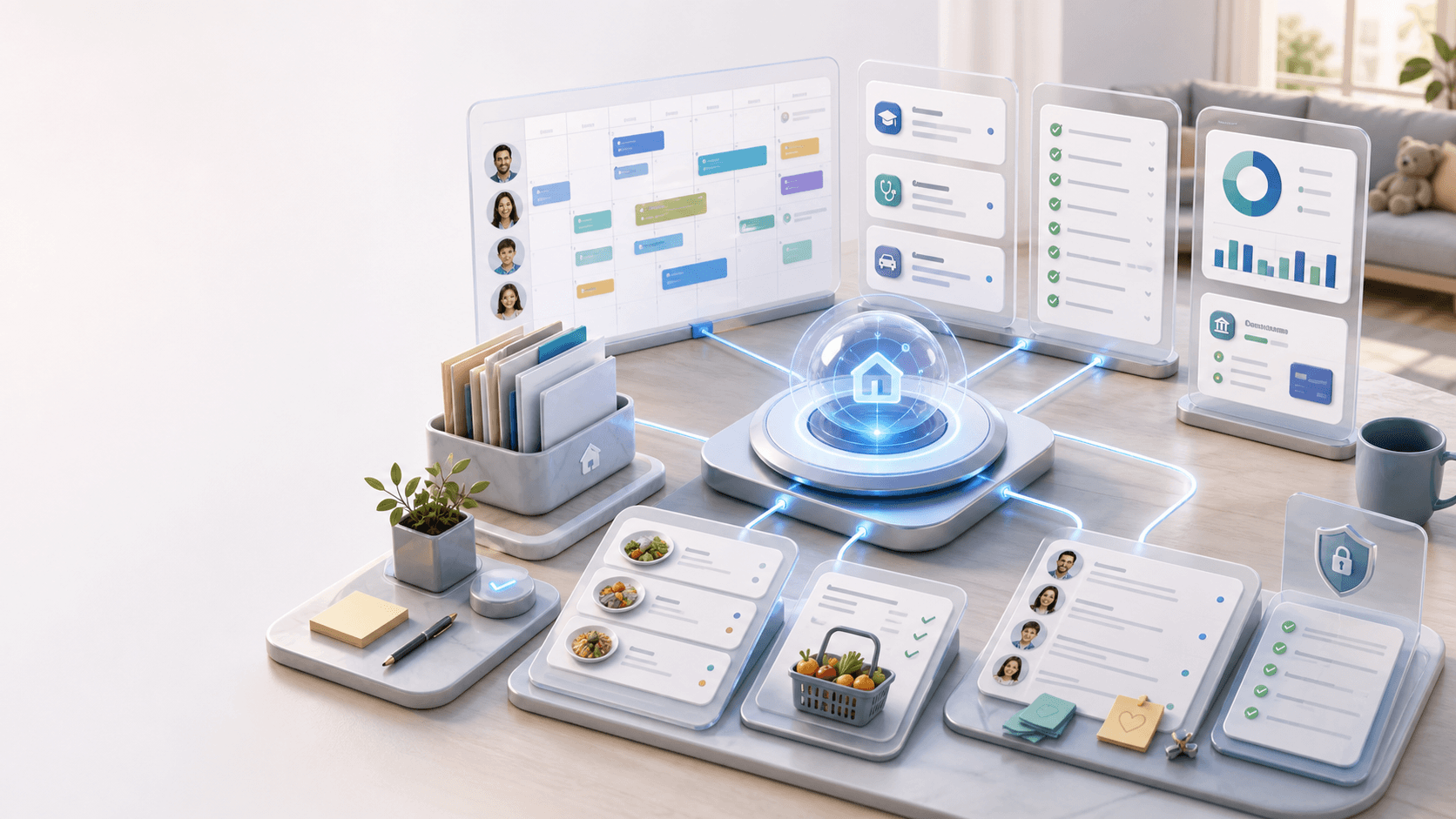 Polished household workspace with family calendar, meal cards, school and appointment tiles, home maintenance checklist, budget cards, privacy shields, and a central AI hub.